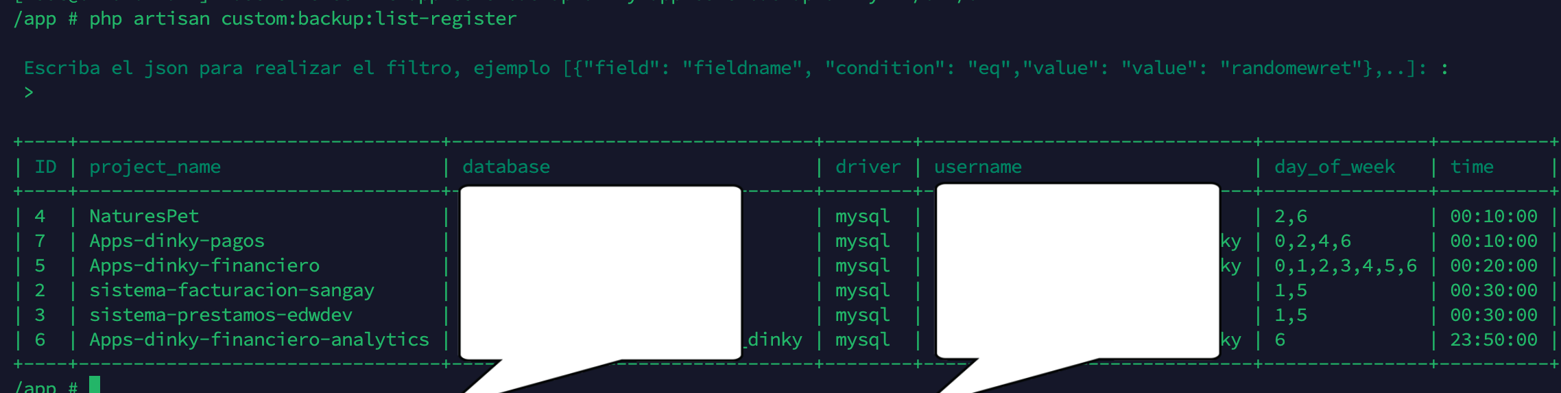 Listado y gestión de bases de datos registradas