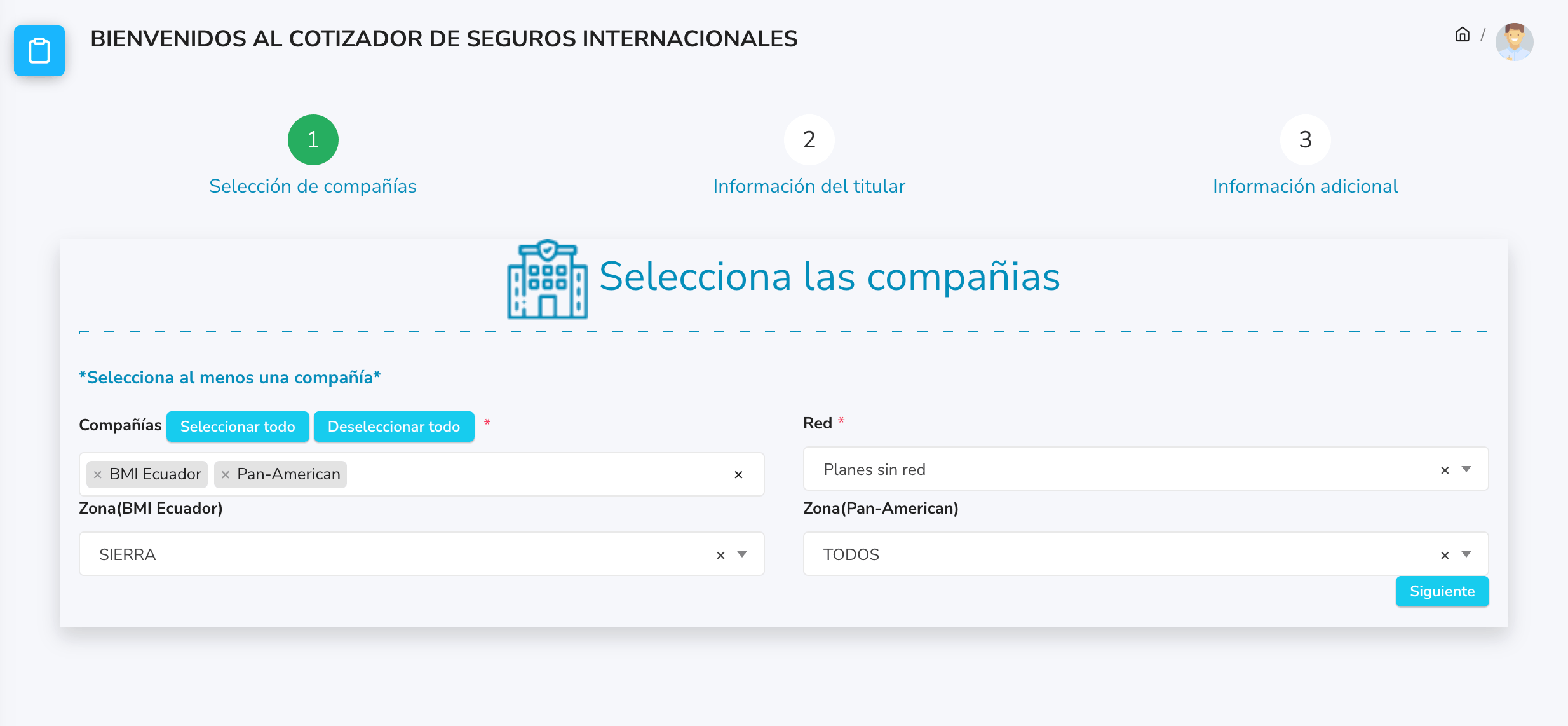 Cotizador internacional — selección de aseguradoras